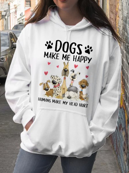 JFN Women DOGS MAKE ME HAPPY Pocket Loose Long Sleeve Hoodie, Sweatshirts & Hoodies, color:White|size:XXL, JustFashionNow