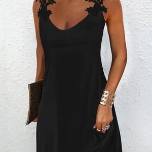 Plain Casual Lace Crew Neck Dress, Dresses, color:Black|size:XXL, JustFashionNow