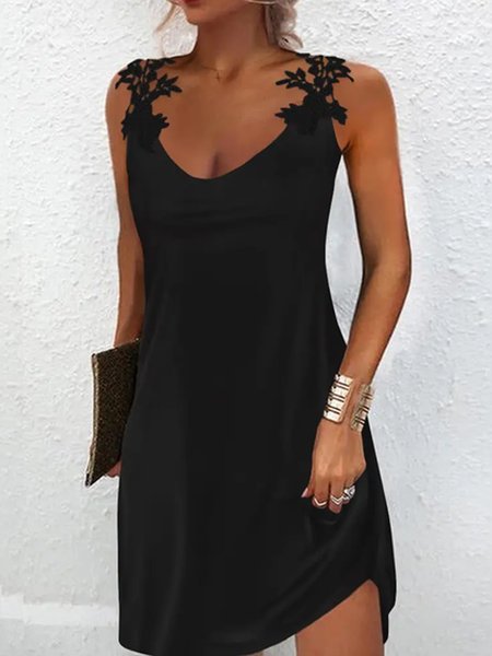 Plain Casual Lace Crew Neck Dress, Dresses, color:Black|size:XXL, JustFashionNow