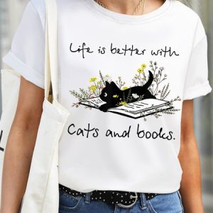 Women Cats Books Life Better Waterproof Oilproof And Stainproof Fabric Casual Crew Neck T-Shirt, color:White|size:3XL, Lilicloth.com