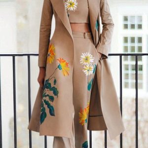 Lapel Collar Urban Regular Fit Floral Trench Coat, Coats, color:Khaki|size:XXL, Stylewe