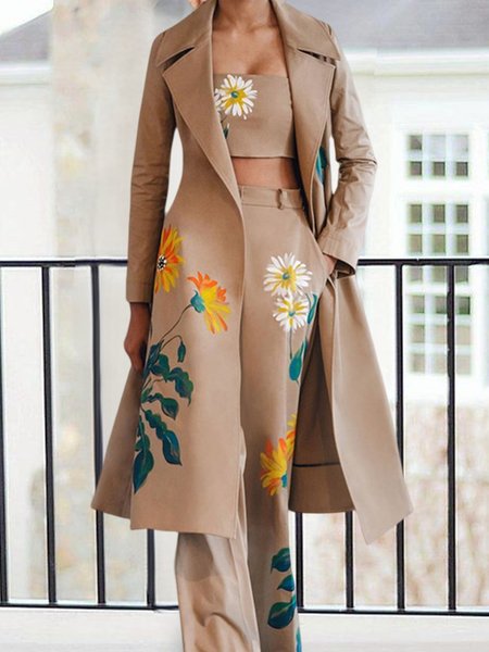 Lapel Collar Urban Regular Fit Floral Trench Coat, Coats, color:Khaki|size:XXL, Stylewe