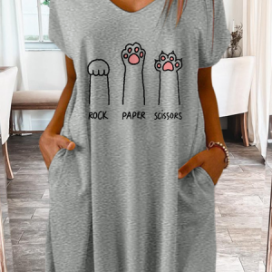 Women's Cute Cat Rock Paper Scissors Simple Casual Loose Dress, color:Gray|size:3XL, Lilicloth.com