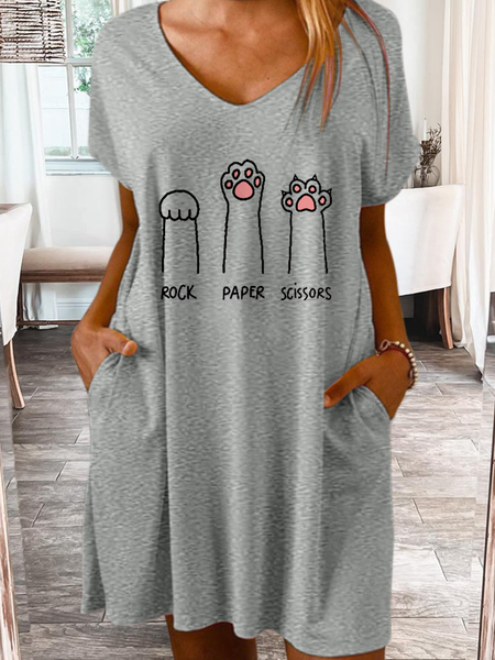 Women's Cute Cat Rock Paper Scissors Simple Casual Loose Dress, color:Gray|size:3XL, Lilicloth.com