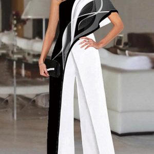 woman hit color Cotton Geometric Urban Regular Fit Jumpsuit, Jumpsuits＆Rompers, color:Black-white|size:XXL, JustFashionNow