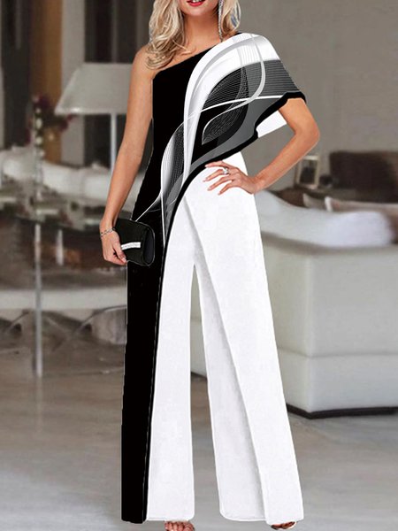 woman hit color Cotton Geometric Urban Regular Fit Jumpsuit, Jumpsuits&Rompers, color:Black-white|size:XXL, JustFashionNow