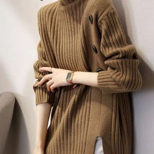 Turtleneck Plain Urban Long Sleeve Sweater, Sweaters, color:Yellow Brown|size:XXL, Stylewe