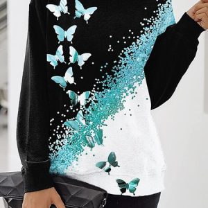 Casual Butterfly Crew Neck Regular Fit Sweatshirt, Sweatshirts & Hoodies, color:Sky Blue|size:3XL, JustFashionNow
