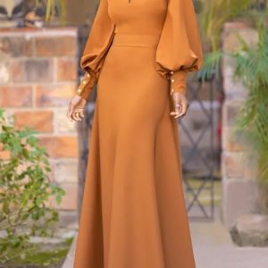 Half Turtleneck Regular Fit Urban Plain Dress With No Belt, Maxi Dresses, color:Yellow Brown|size:XXL, Stylewe