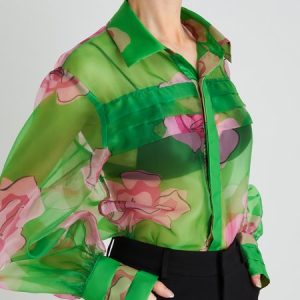 Elegant Shirt Collar Floral Printed Long Sleeve Blouse, Blouses and Shirts, color:Green|size:L, Stylewe