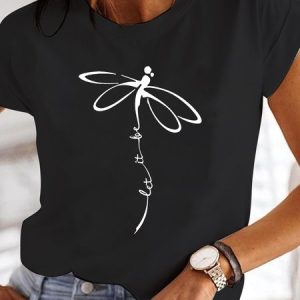 Casual Loose Dragonfly Crew Neck T-Shirt, T-Shirts, color:Black|size:3XL, JustFashionNow