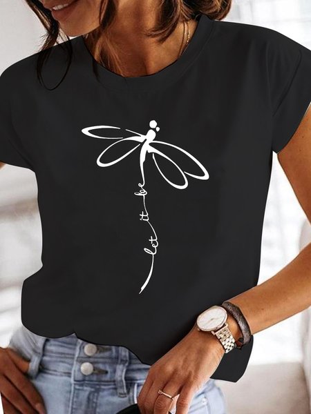 Casual Loose Dragonfly Crew Neck T-Shirt, T-Shirts, color:Black|size:3XL, JustFashionNow