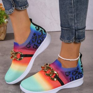 Leopard Print Rainbow Ombre Gold Chunky Chain Fly Knit Sneakers, Sneakers, color:Multicolor|size:43, JustFashionNow