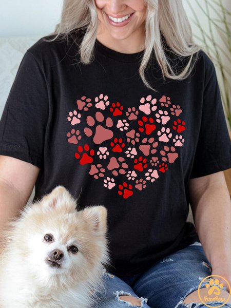 Lilicloth X Funnpaw Women's Dog Lover Paw Heart Crew Neck T-Shirt, color:Black|size:L, Lilicloth.com