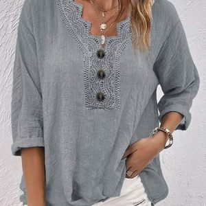 Casual Buttoned V Neck Lace Loose Shirt, Shirts & Blouses, color:Gray|size:XXL, JustFashionNow