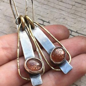 Vintage Two-Tone Metal Set Stone Earrings Ethnic Holiday Women's Jewelry, Earrings, color:As Picture|size:One-size, JustFashionNow
