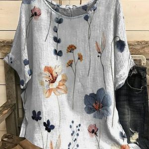 Casual Printing Loose Crew Neck Top, Blouses, color:Multicolor|size:XXL, Noracora