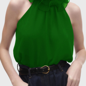 Loose Elegant Lotus Leaf Collar Sleeveless Plain Loose Shirt, Blouses and Shirts, color:Green|size:XS, Stylewe