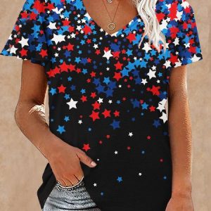 Women's Red White Blue Star Print V Neck Text Letters Casual T-Shirt, color:Black|size:3XL, Lilicloth.com