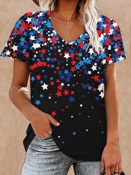 Women's Red White Blue Star Print V Neck Text Letters Casual T-Shirt, color:Black|size:3XL, Lilicloth.com