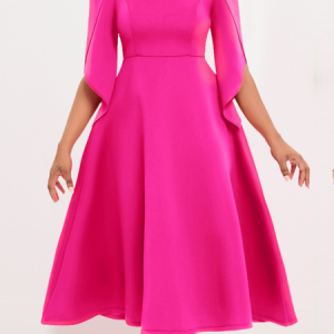 Regular Fit Plain Boat Neck Three Quarter Sleeve Elegant Midi Dress, Midi Dresses, color:Rose Red|size:XXL, Stylewe
