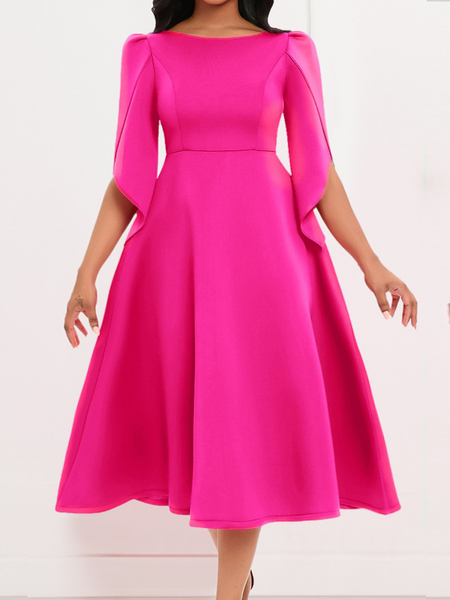 Regular Fit Plain Boat Neck Three Quarter Sleeve Elegant Midi Dress, Midi Dresses, color:Rose Red|size:XXL, Stylewe