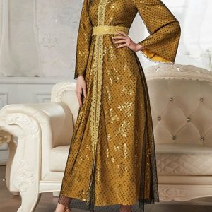 Women Plain Square Neck Long Sleeve Comfy Elegant Maxi Dress, Maxi, color:Yellow|size:L, Noracora