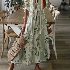 Women V Neck Leaves Half Sleeve Color Block Casual Maxi Dress, Maxi, color:Green|size:XXL, Noracora