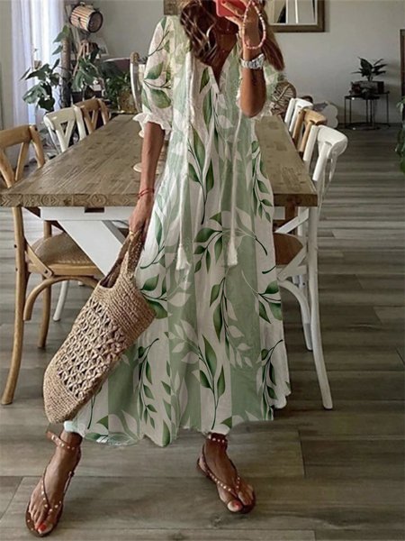 V Neck Leaves Half Sleeve Casual Dress, Dresses, color:Green|size:XXL, JustFashionNow