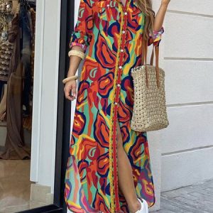 Shirt Collar Regular Fit Abstract Graphic Urban Dress, Maxi Dresses, color:Orange|size:XXL, Stylewe