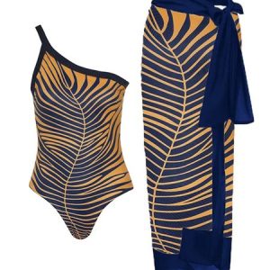Striped Casual Printing One Piece With Cover Up, swimwear>>Bikini Sets, color:Blue|size:S, JustFashionNow