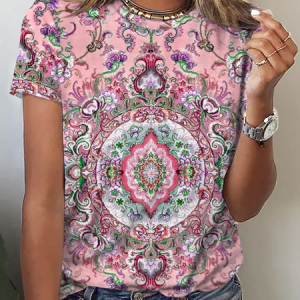 Crew Neck Boho Loose Ethnic T-Shirt, T-shirts, Lilicloth.com