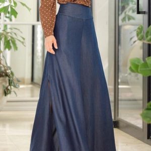 Elegant Regular Fit Plain Denim Skirt, Denim Skirts, color:Blue|size:XXL, Noracora
