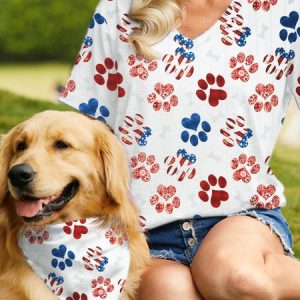 Women's Cute Dog America Flag Casual Loose Matching T-Shirt, color:White|size:3XL, Lilicloth.com