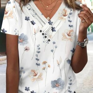 Floral Casual Cross Neck T-Shirt, T-shirts, color:White|size:XXL, catalog Noracora shop
