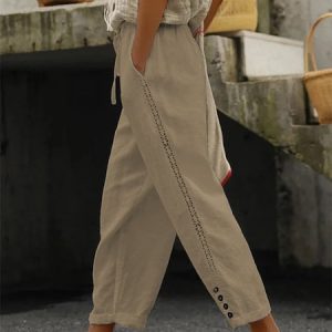 Plain Lace Edge Buckle Casual Pants, Pants, color:Khaki|size:XXL, JustFashionNow
