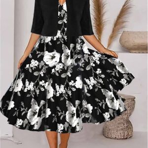 Floral Elegant V Neck Loose Two-Piece Set, Elegant Dresses, color:Black|size:XXL, JustFashionNow