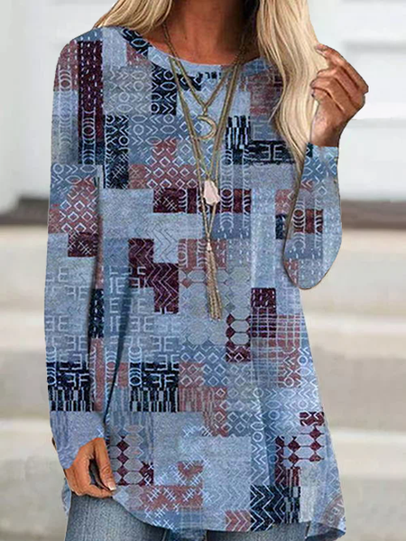 Crew Neck Loose Casual Top, Tops, color:Multicolor|size:XXL, JustFashionNow