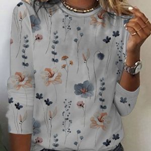 Casual Floral Loose Knitted T-Shirt, TOPS, color:Light Gray|size:4X, Noracora
