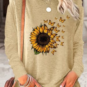 Women's Sunflower Butterfly Print Crew Neck Casual Top, color:Apricot|size:3XL, Lilicloth.com