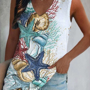 Loose Casual Marine Life V Neck Tank Top, JustFashionNow Tanks & Camis, color:White|size:XXL,