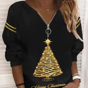Casual Christmas Long Sleeve V Neck Printed Top Sweatshirt, Hoodies & Sweatshirts, color:Black|size:XXL, Noracora