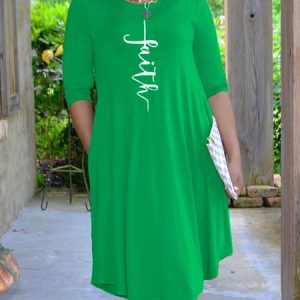 Half sleeve Text Letters Crew Neck Casual Dress, Mini Dresses, color:Green|size:XXL, Stylewe