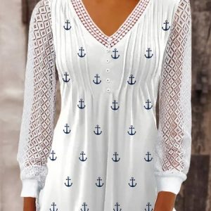 V Neck Long Sleeve Anchor Buckle Regular Micro-Elasticity Loose Tunic Shirt For Women 2023, Blouses, color:White|size:XXL, Noracora