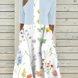 V Neck Floral Casual Two-Piece Set, Suit Set, color:Blue|size:XXL, JustFashionNow