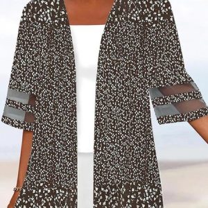 Plus Size Casual Floral Mesh Three Quarter Shirt, Shirts & Blouses, color:Brown|size:4X, JustFashionNow