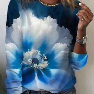 Casual Floral Crew Neck Long Sleeve T-shirt, T-shirts, color:Blue|size:XXL, Noracora