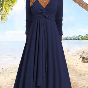 Women Plain Cross Neck Long Sleeve Comfy Casual Cross Midi Dress, Midi, color:Deep Blue|size:XXL, Noracora