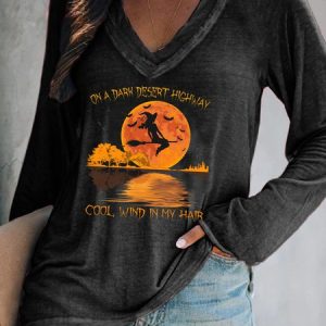 Loose V Neck Halloween T-Shirt, T-shirts, color:Deep Gray|size:XXL, Noracora