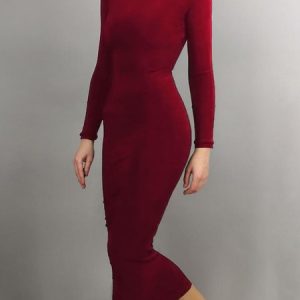 Black Daily Long sleeve Regular Fit Boat Neck Dress, Midi Dresses, color:Red|size:XS, Stylewe